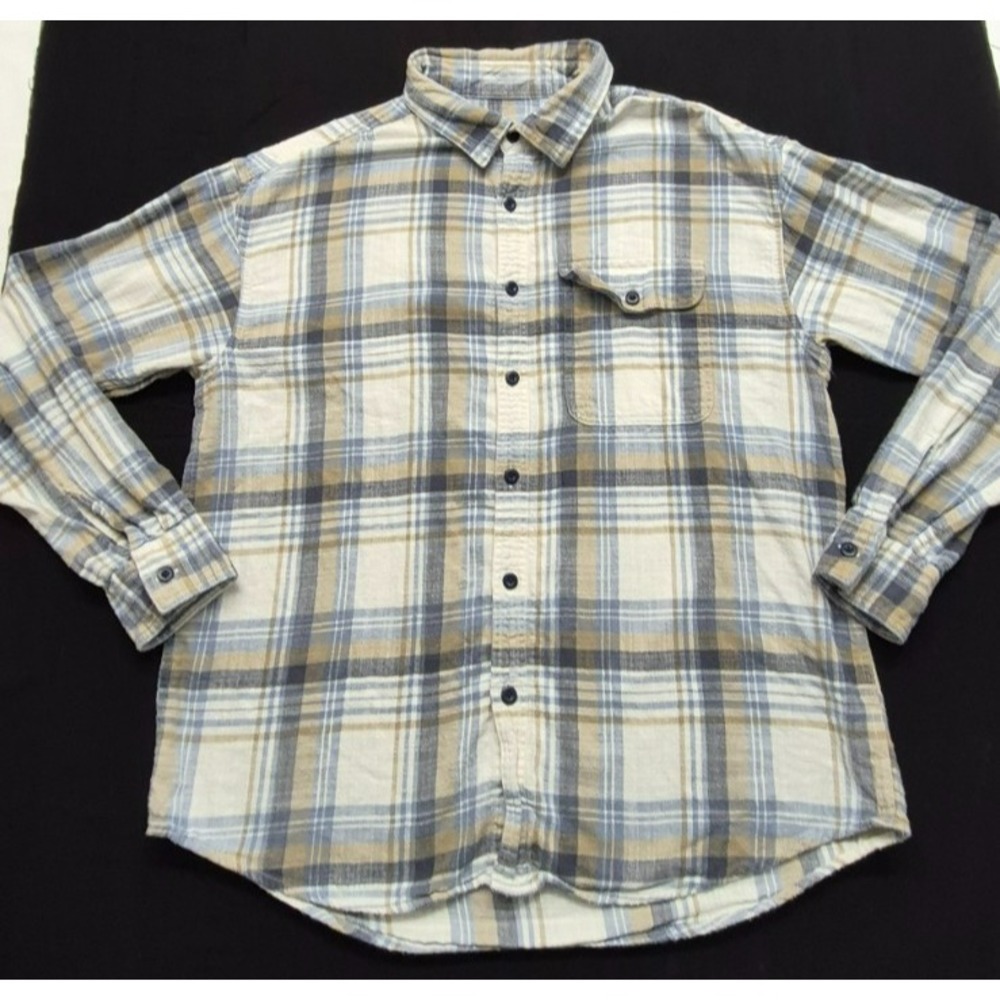 American Eagle Men Flannel Shirt Blue Tan Plaid Super Soft Button Down shirt Lg.